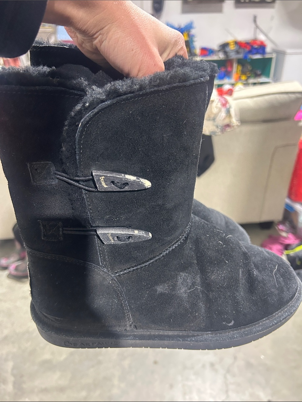 BearPaw Kids Black Suede Faux Fur Toggle Boots
